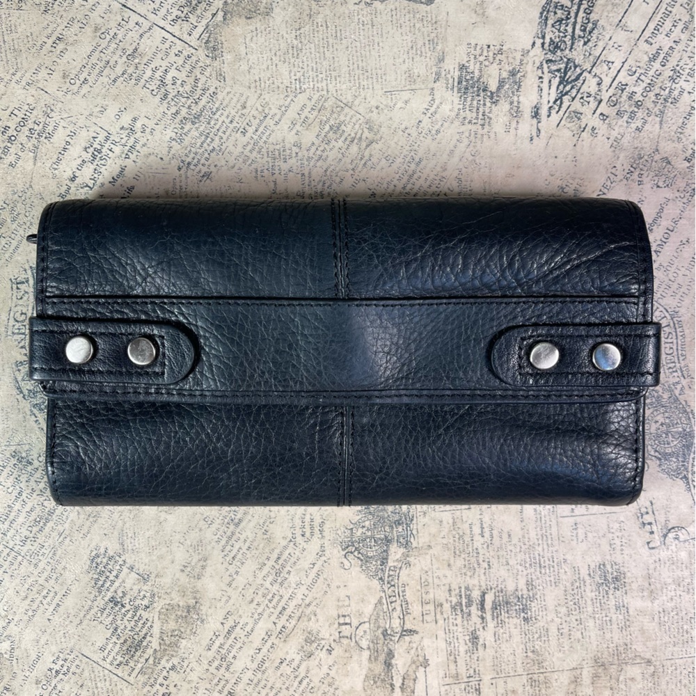 Fossil Black Leather Trifold Wallet Organizer Snap Closure Multi Compartment
